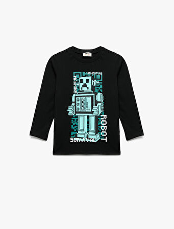 Pamuklu Uzun Kollu Bisiklet Yaka Robot Baskılı Tişört