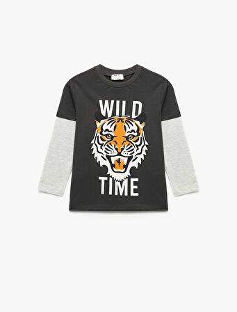 Uzun Kollu Bisiklet Yaka Kaplan Baskılı Pamuklu Tişört