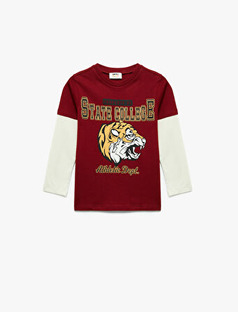 Bisiklet Yaka Uzun Kollu Pamuklu Kaplan Baskılı Tişört