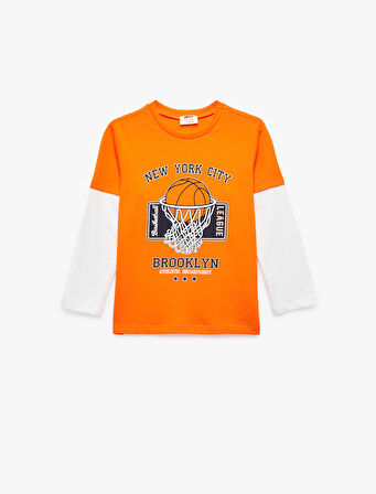 Uzun Kollu Bisiklet Yaka Basketbol Baskılı Pamuklu Tişört