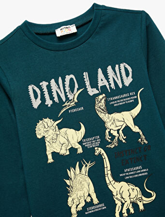 Uzun Kollu Bisiklet Yaka Pamuklu Dinozor Baskılı Tişört