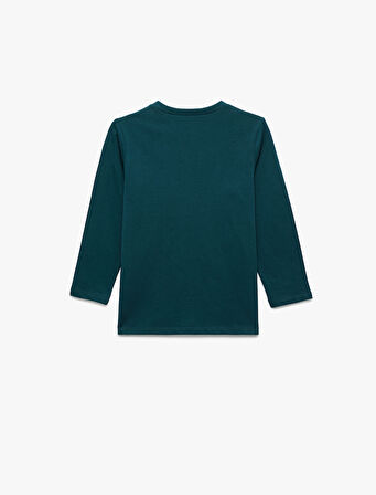 Uzun Kollu Bisiklet Yaka Pamuklu Dinozor Baskılı Tişört