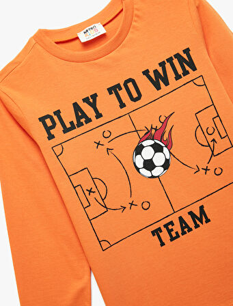 Pamuklu Uzun Kollu Bisiklet Yaka Futbol Baskılı Tişört