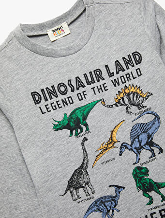 Dinozor Baskılı Uzun Kollu Bisiklet Yaka Tişört