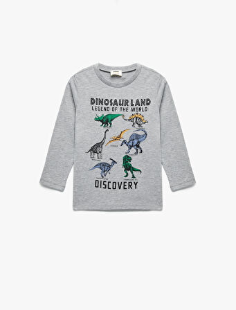 Dinozor Baskılı Uzun Kollu Bisiklet Yaka Tişört