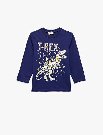Pamuklu Uzun Kollu Bisiklet Yaka Dinozor Baskılı Tişört