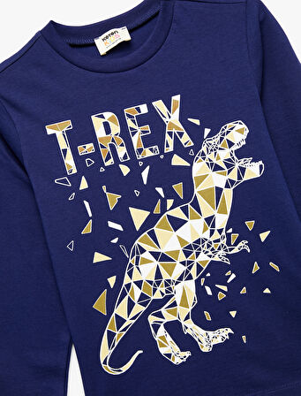 Pamuklu Uzun Kollu Bisiklet Yaka Dinozor Baskılı Tişört