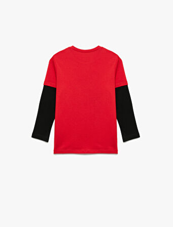 Dinozor Baskılı Uzun Kollu Pamuklu Bisiklet Yaka Tişört