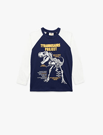 Uzun Kollu Bisiklet Yaka Dinozor Baskılı Pamuklu Tişört