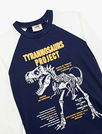 Uzun Kollu Bisiklet Yaka Dinozor Baskılı Pamuklu Tişört