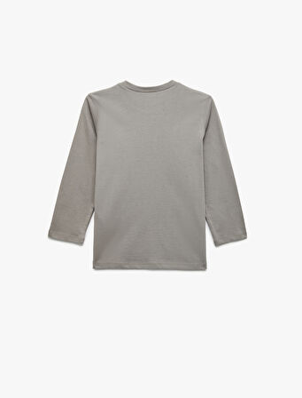 Pamuklu Uzun Kollu Bisiklet Yaka Dinozor Baskılı Tişört