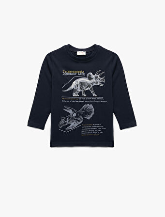 Pamuklu Uzun Kollu Bisiklet Yaka Dinozor Baskılı Tişört