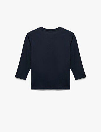 Pamuklu Uzun Kollu Bisiklet Yaka Dinozor Baskılı Tişört