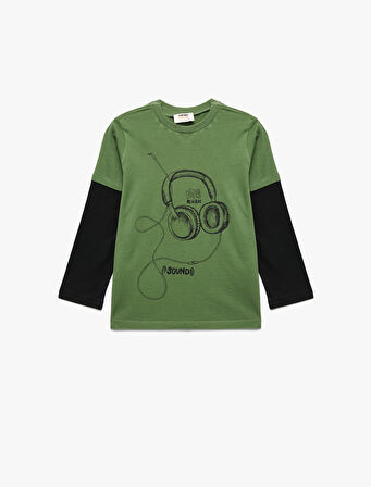 Pamuklu Uzun Kollu Bisiklet Yaka Baskılı Tişört