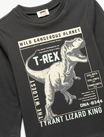 Dinozor Baskılı Uzun Kollu Bisiklet Yaka Tişört