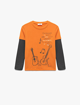 Pamuklu Uzun Kollu Bisiklet Yaka Baskılı Tişört