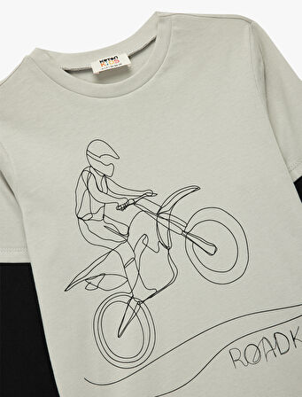 Pamuklu Uzun Kollu Bisiklet Yaka Baskılı Tişört
