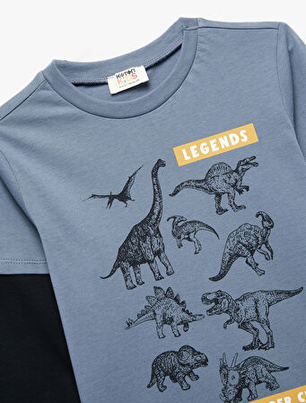 Dinozor Baskılı Uzun Kollu Bisiklet Yaka Pamuklu Tişört