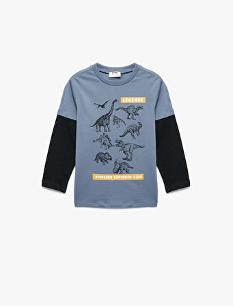 Dinozor Baskılı Uzun Kollu Bisiklet Yaka Pamuklu Tişört