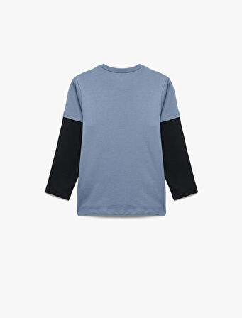 Dinozor Baskılı Uzun Kollu Bisiklet Yaka Pamuklu Tişört