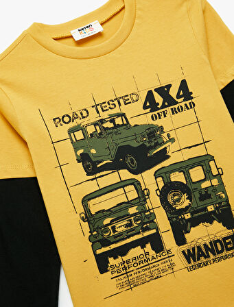 Uzun Kollu Bisiklet Yaka Araba Baskılı Pamuklu Tişört