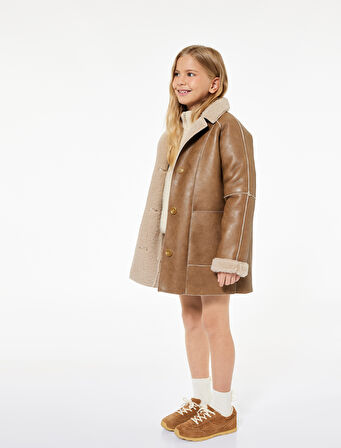 Suni Kürklü Peluş Yaka Kruvaze Uzun Suni Deri Kaban