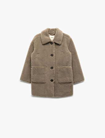 Uzun Kollu Cep Detaylı Düğmeli Gömlek Yaka Polar Kaban