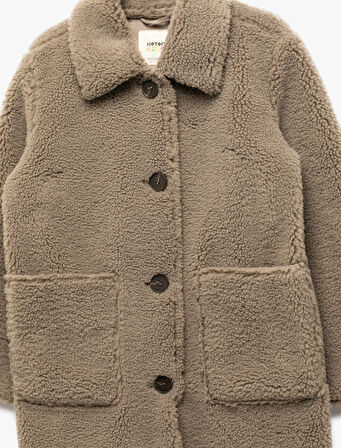 Uzun Kollu Cep Detaylı Düğmeli Gömlek Yaka Polar Kaban