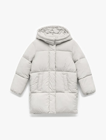 Uzun Kollu Cepli Kapitone Kapşonlu Uzun Şişme Mont