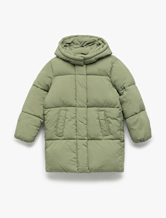 Uzun Kollu Cepli Kapitone Kapşonlu Uzun Şişme Mont