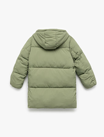 Uzun Kollu Cepli Kapitone Kapşonlu Uzun Şişme Mont