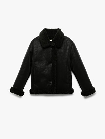  Uzun Kollu Peluş Detaylı Gömlek Yaka Suni Süet Ceket