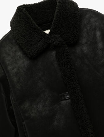  Uzun Kollu Peluş Detaylı Gömlek Yaka Suni Süet Ceket