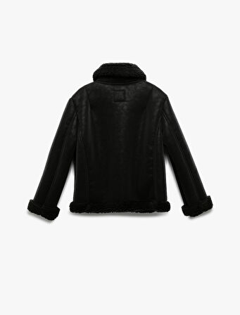  Uzun Kollu Peluş Detaylı Gömlek Yaka Suni Süet Ceket