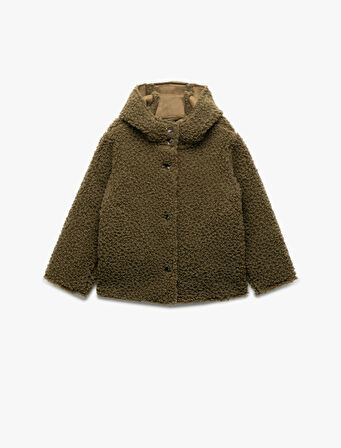 Uzun Kollu Kapşonlu Peluş Ceket