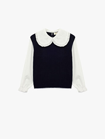 Uzun Kollu Bebe Yaka Brodeli Triko Kazak