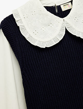 Uzun Kollu Bebe Yaka Brodeli Triko Kazak