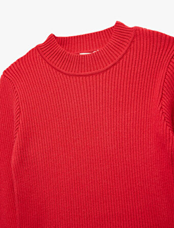 Slim Fit Viskon Karışımlı Dokulu Dik Yaka Uzun Kollu Triko Kazak