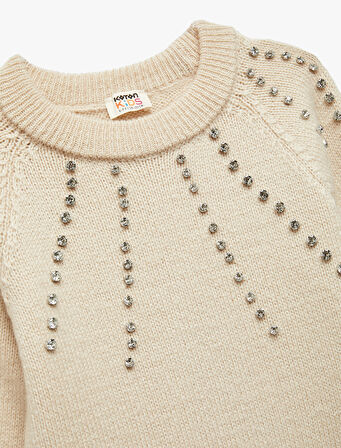 Taş Detaylı Uzun Kollu Bisiklet Yaka Triko Kazak