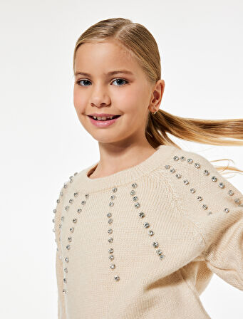 Taş Detaylı Uzun Kollu Bisiklet Yaka Triko Kazak