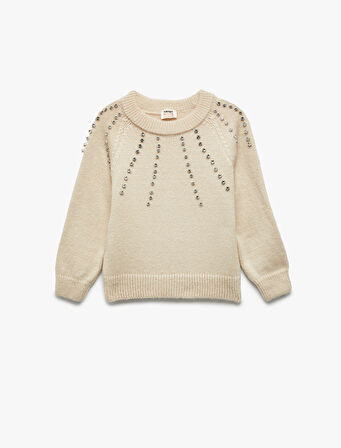 Taş Detaylı Uzun Kollu Bisiklet Yaka Triko Kazak