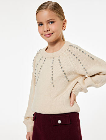 Taş Detaylı Uzun Kollu Bisiklet Yaka Triko Kazak