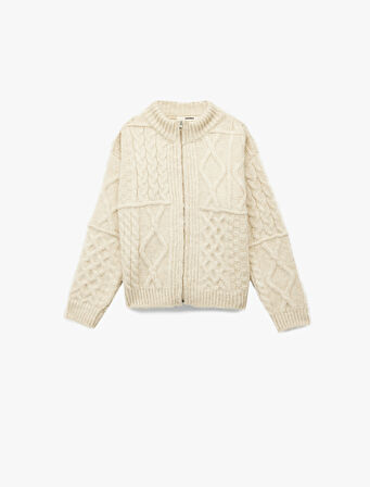 Saç Örgü Dokulu Uzun Kollu Fermuarlı Triko Hırka