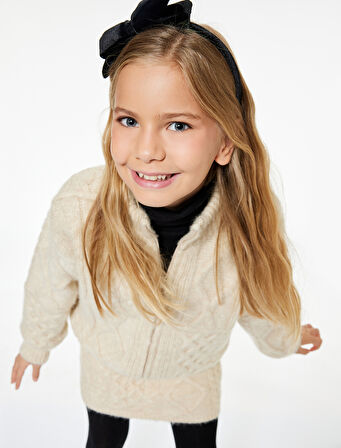 Saç Örgü Dokulu Uzun Kollu Fermuarlı Triko Hırka