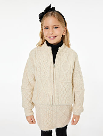 Saç Örgü Dokulu Uzun Kollu Fermuarlı Triko Hırka