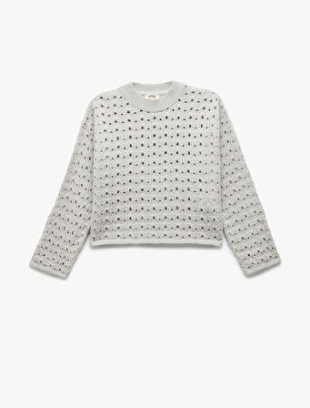 Dik Yaka Uzun Kollu Ajurlu Triko Kazak