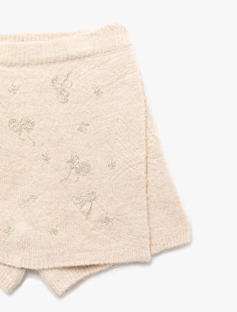 Fiyonk Desenli Boncuk Detaylı Triko Şort Etek