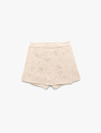 Fiyonk Desenli Boncuk Detaylı Triko Şort Etek