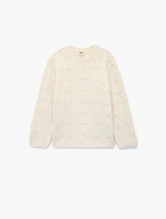 Uzun Kollu Bisiklet Yaka Boncuk Detaylı Triko Kazak