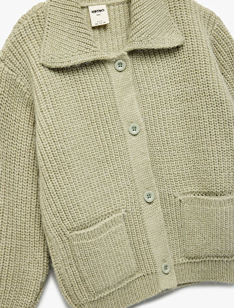 Düğmeli Cepli Uzun Kollu Polo Yaka Triko Hırka